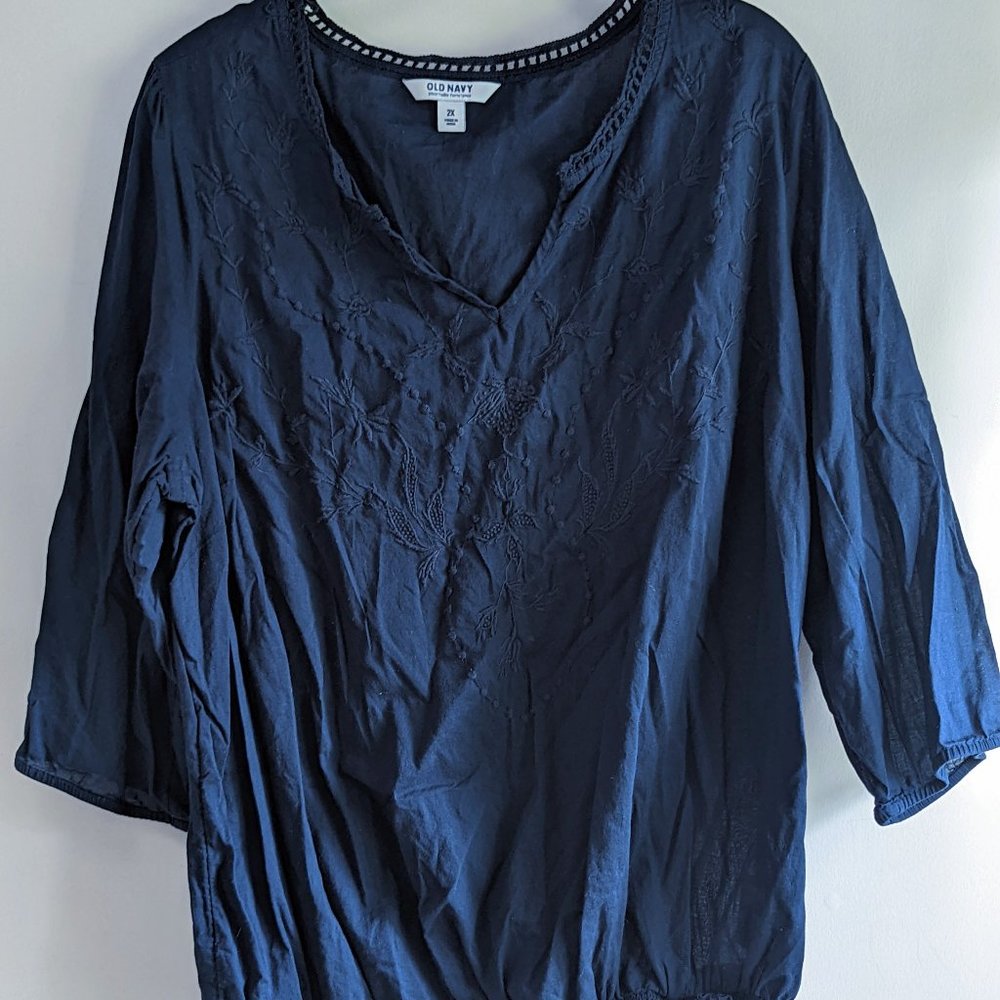 Navy Blue Embroidered Three-quarter Sleeve Blouse